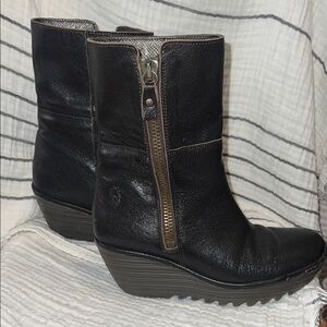 Fly London Deep Brown Wedge Boots with Side Zipper